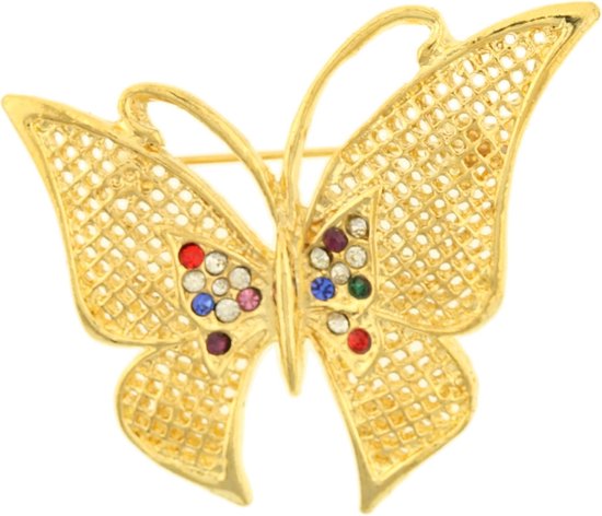 Behave® Broche vlinder goud kleur met multi kleur steentjes 4,5 cm