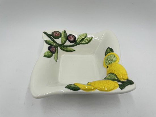 Vierkant schaaltje citroen & olijf 14 x 14 cm wit geel groen aardewerk | ARC04 | Piccobella Italiaans Servies