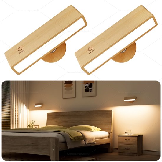 Nexino® Oplaadbare Wandlamp Hout - 2 Stuks - Wandlamp Oplaadbaar - 4000mAh - Muurlamp - Bedlamp- Draadloos - 360° Draaibaar - Voor Slaapkamer, Woonkamer & Kantoor