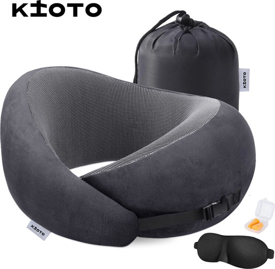 Kioto Reiskussen Nekkussen set - Vliegtuig en Auto - Nek Kussen Kind - Memory Foam - Gratis Slaapmasker, Oordoppen en Reistas - Donkergrijs