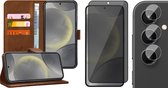 Hoesje geschikt voor Samsung Galaxy S24 - Privacy Screenprotector Volledig Dekkend Glas & Camera - Portemonnee Book Case Bruin