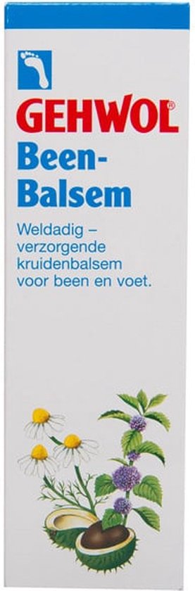 GEHWOL Been-Balsem verpakking met de tekst "Weldadig - verzorgende kruidenbalsem voor been en voet." en illustraties van kamille en munt.