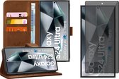 Hoesje geschikt voor Samsung Galaxy S24 Ultra - Privacy Screenprotector Volledig Dekkend Glas - Portemonnee Book Case Bruin