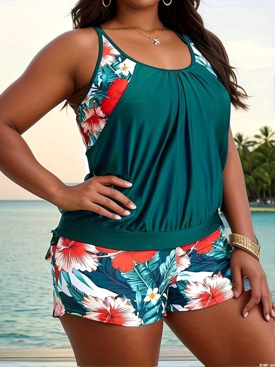 Tankini Plus Size- 2-delige kleurenblok Boho Tropische Print Ronde hals Gekruiste rug Badpak- Dames Badmode Zwemkleding Strandkleding Bikini Badkleding 633- Meerkleurig- Maat 3XL