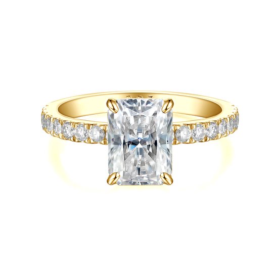 Astra - 14k Geelgouden Radiant Moissanite Ring met Pavé Zijstenen & Hidden Halo - 2.7 karaat