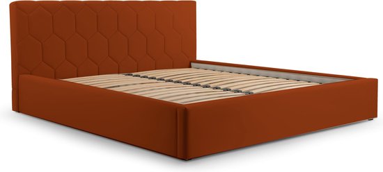 Tweepersoonsbed met fluwelen bekleding, met hoofdeinde, lattenbodem, bed voor volwassenen - BETT 02 - 180x200 - Donker oranje (TRINITY 25)