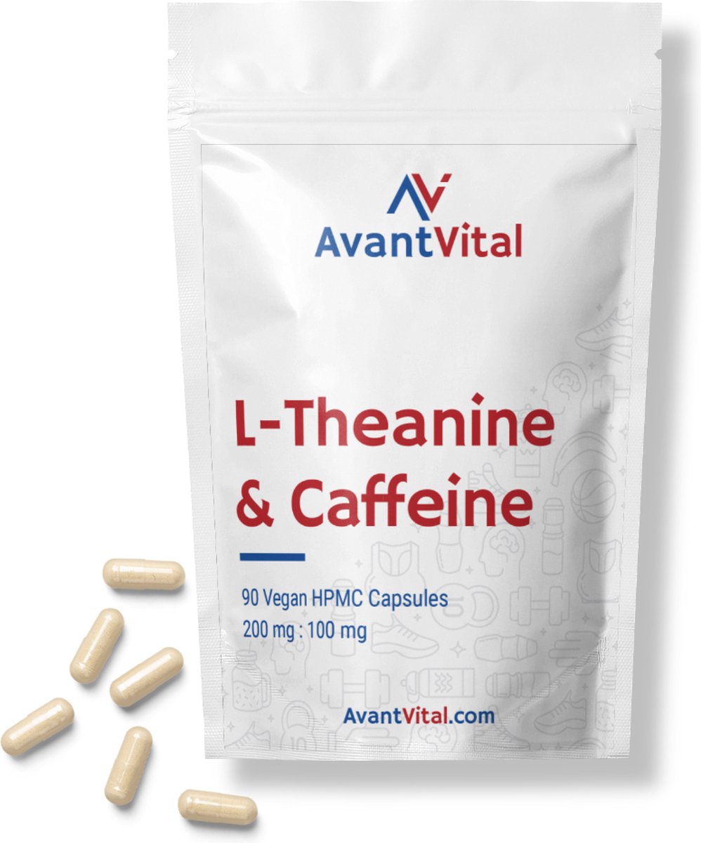 Goedkoopste L-Theanine & Cafeïne - Optimale verhouding 200 mg 100 mg - 90 Vegan Capsules - L-Theanine gewonnen uit Groene Thee - AvantVital - Voedingssupplementen
