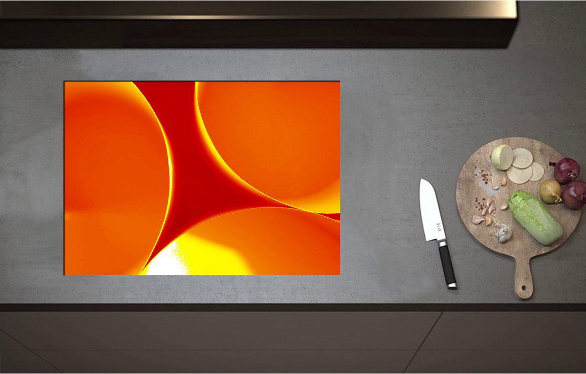 Inductieplaat Beschermer - Abstract - Achtegrond - Rondjes - Cirkels - Rood - Oranje - Geel - 71x50 cm - 2 mm Dik - Inductie Beschermer - Bescherming Inductiekookplaat - Kookplaat Beschermer van Zwart Vinyl