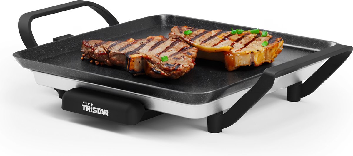 Grillplaat Tristar BP-2666 - Grillplaat S: 28 x 28 cm - Voor binnen en buiten, geschikt voor camping - BPA Free - Gourmet bakplaat voor op tafel - 2 personen - Met regelbare thermostaat - Anti-aanbaklaag - Geschikt voor op camping - Zwart