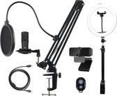 Deltaco GAM-170 Streaming Set - USB-C Microfoon - Webcam - Ringlight - Bureaumontage - Zwart