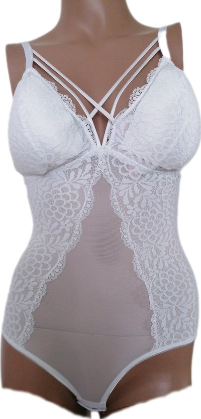Femme - Bodystocking - Lingerie - Avec dentelle et corsage transparent - Correctif - Couleur Wit - Taille 40-42 - Cadeau - Noël