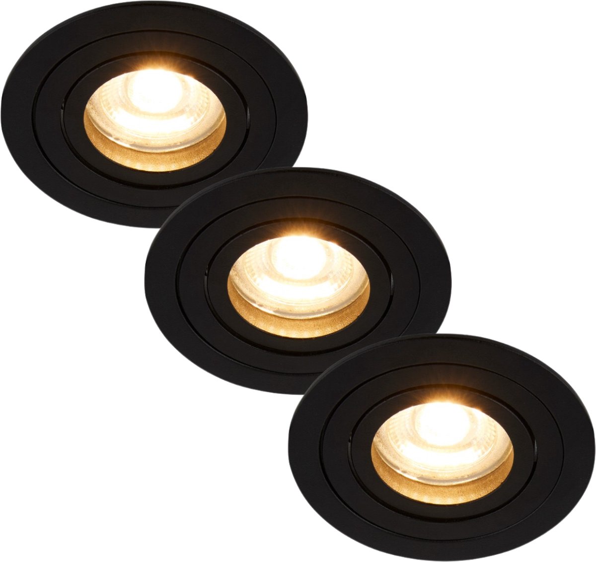 Inbouwspot zwart rond kantelbaar - Met GU10 fitting en dimbare GU10 LED lamp - 3 stuks