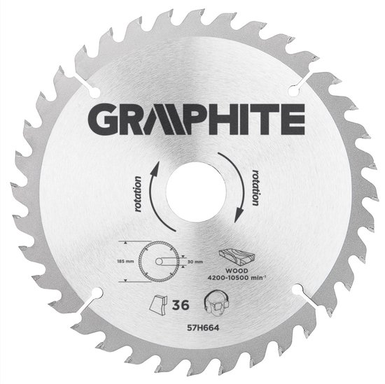 Foto: Graphite 57h664 cirkelzaagblad voor hout 185mm asgat 30mm tanden 36 dikte 3 2 vulringen 16 20 25 tct