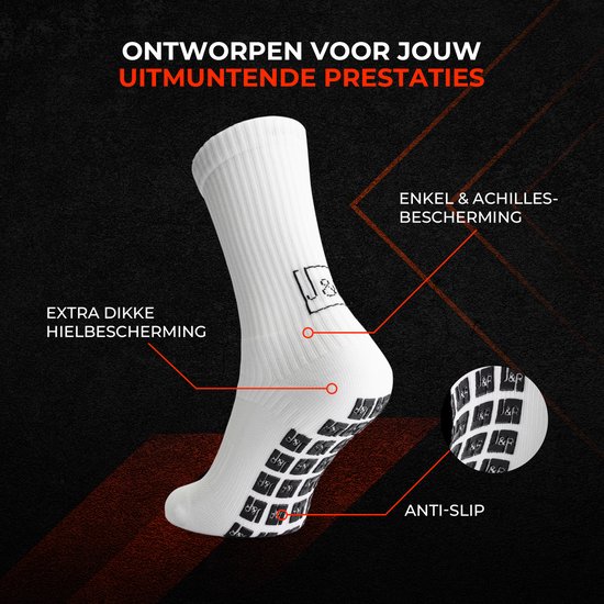 Close-up van een witte sportsok met anti-slip noppen op de zool, en een toelichting op enkelbescherming.