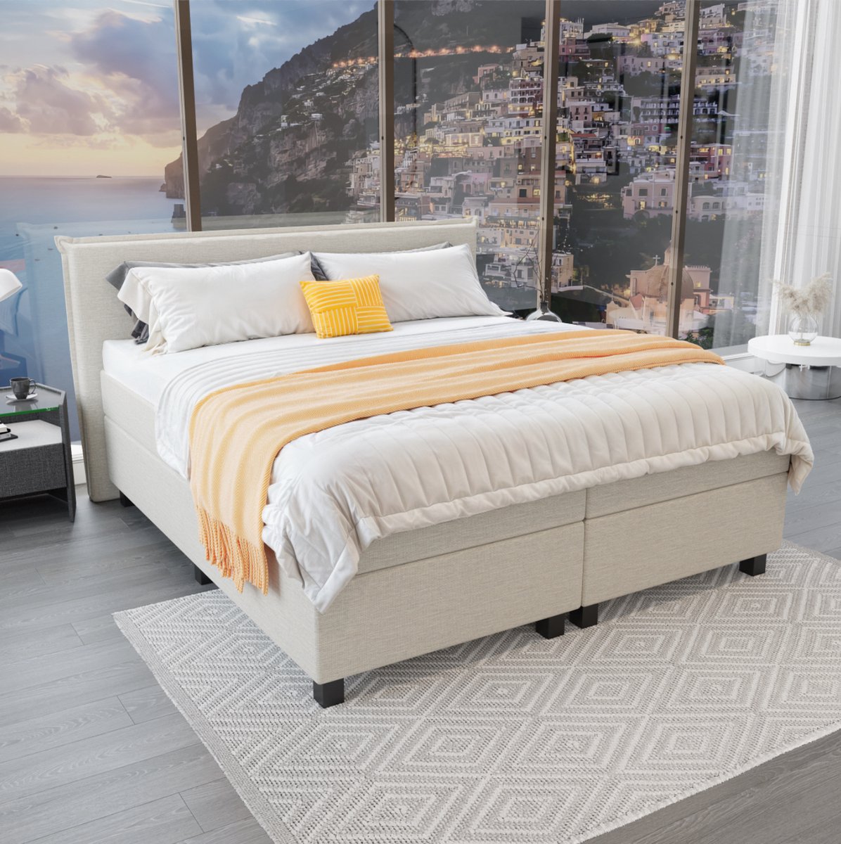 Mörgenn Boxspring Capri - Pocketvering Boxen en matrassen - Luxe 12cm topper - Beige - 200x200 cm - Inclusief Dekbed en Kussens