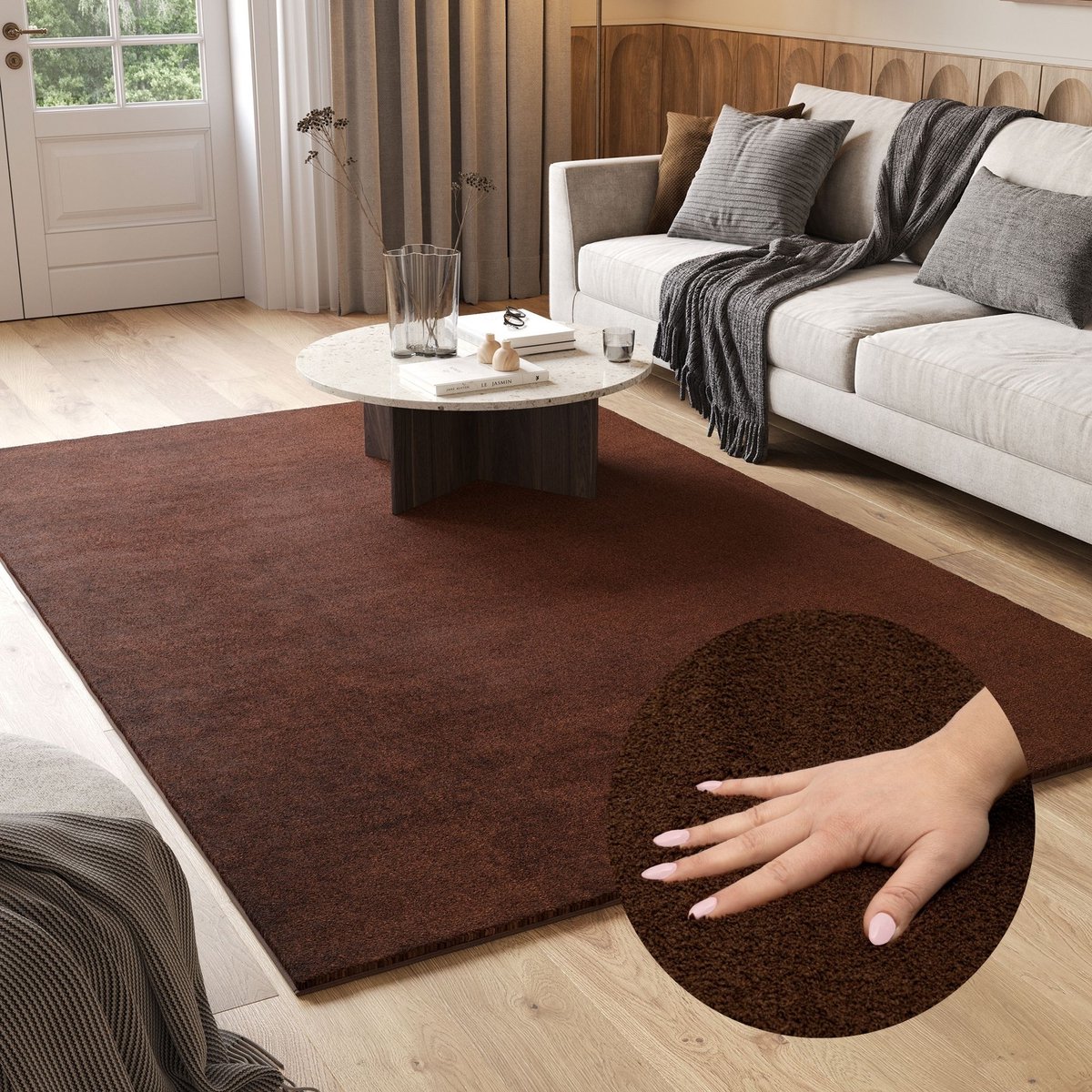 Tapiso Cuddle Vloerkleed Hoogpolig Bruin Antislip Woonkamer Tapijt Maat- 80x150