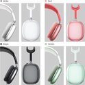 Acht AirPods Max in verschillende kleuren: wit, rood, roze, zwart, grijs en groen.
