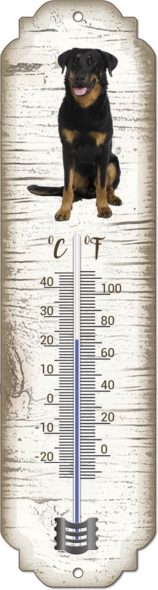 Thermomètre mural vertical avec un Beauceron, graduations en Celsius et Fahrenheit et texture bois.