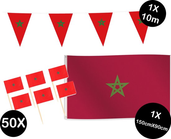 Landen versiering pakket Marokko- gevelvlag Marokko(150cmX90cm)-prikkertjes Marokko(50stuks)-vlaggenlijn Marokko(1stuks)-wereld party decoratie (Marokko)