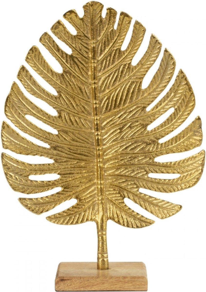Sculptuur Tropisch Blad - Goud - Op Houten Voet - 32 cm