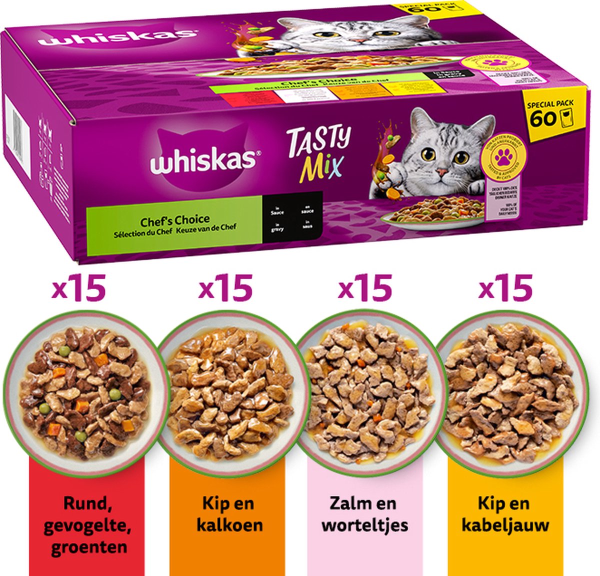 Whiskas 1+ Tasty Mix Adult Kattenvoer Chef's Choice in Saus 60 x 85 gr op Prijzenvolger.com
