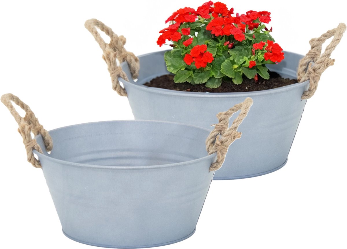 Goedkoopste Mega Collections Teil/plantenpot/bloempot Old Rope - 2x - zink - zilver - D23 X H11 cm