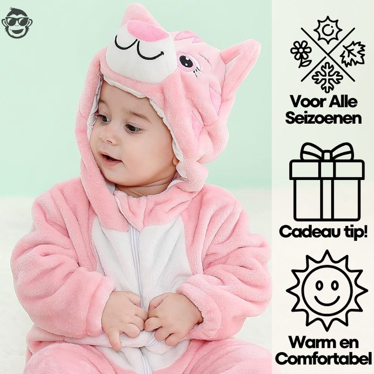 BoefieBoef Dieren Kleuter Onesie Peuter Pyjama Kinderen – Verkleedkleding met Luierrits – Carnaval Dierenpak - Kerst Cadeau- Zacht Flanel - Baby Romper - Boxpak - Jongens - Meisjes - Kruippak - Winterpak - Poes Roze Kat Cat — afbeelding 4