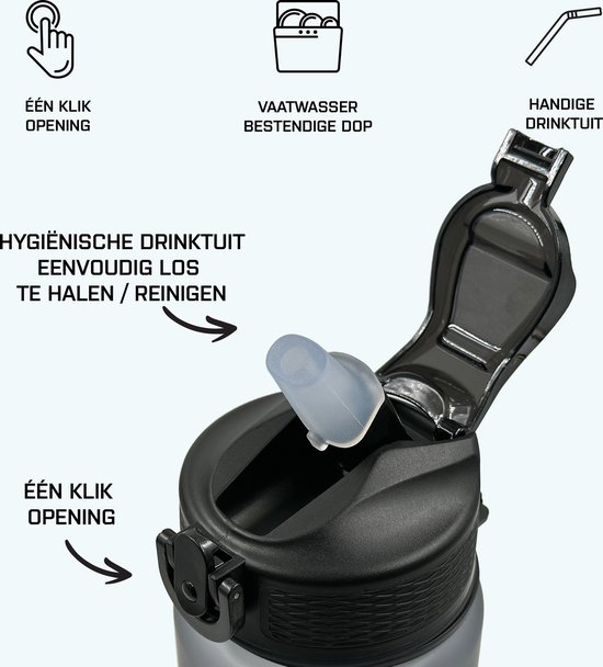 Dutch'D ® - DEAL! Set van 2 stuks - 1 liter Drinkfles - Drinkfles met rietje - Waterfles - Grijs - Drinkfles Volwassenen - Lek Vrij - Cadeau voor haar/hem - Verschillende Drinkflessen en waterflessen - Drinkbeker - Sportfles - Drinkbus