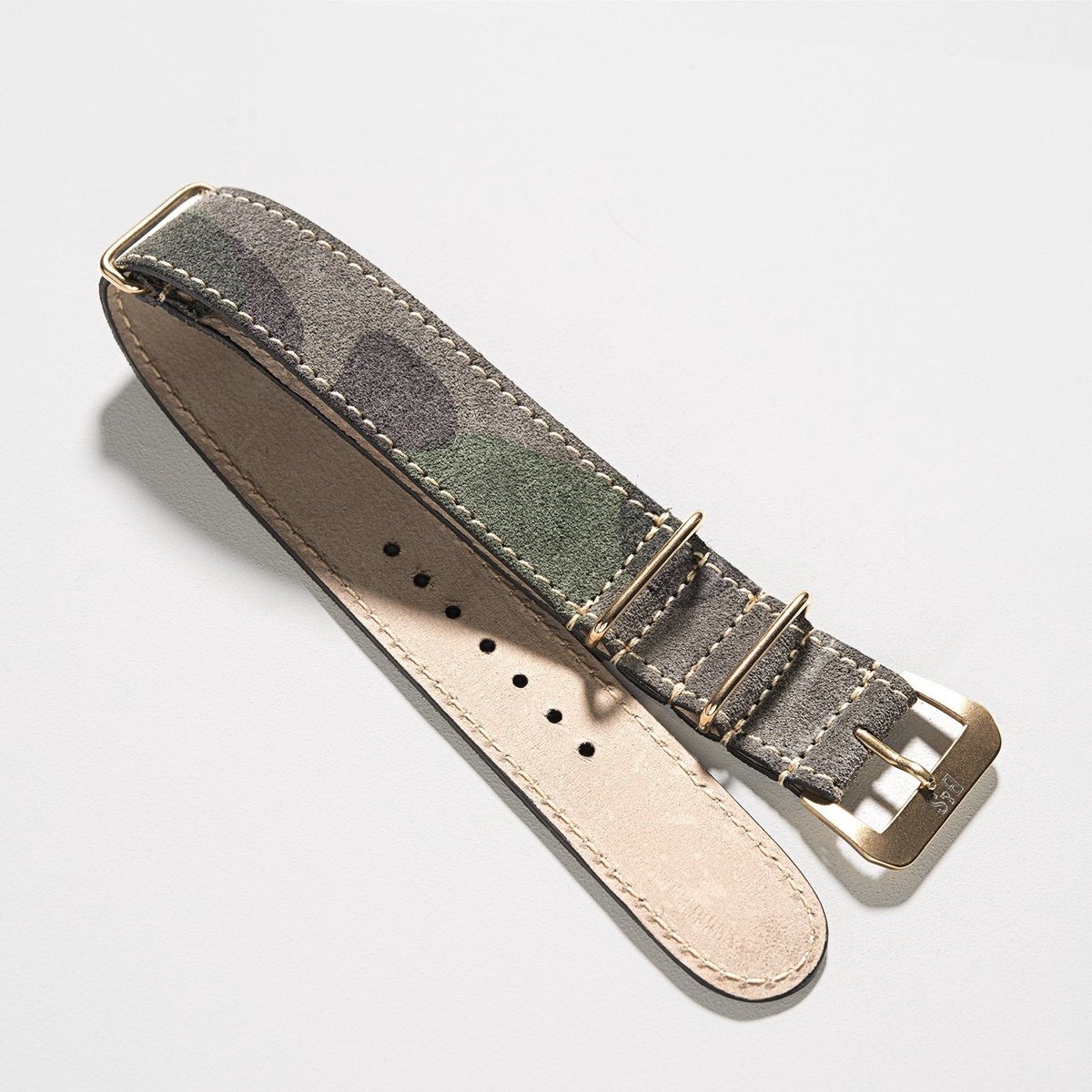 BS Leren Horlogeband Luxury - Camo Grey Suede Nato Gold - 20mm