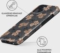 Telefoonhoesje met een patroon van bruine teddyberen en zwarte strikjes op een grijs ruitje.