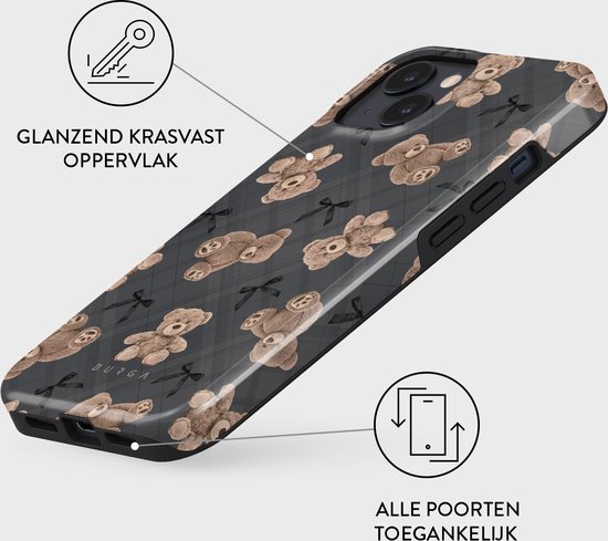 Telefoonhoesje met een patroon van bruine teddyberen en zwarte strikjes op een grijs ruitje.