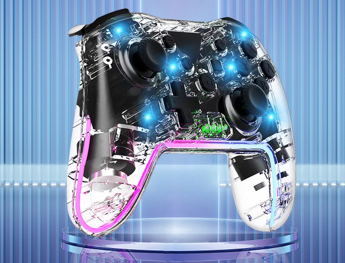 Meedeer Pro Controller Draadloos - Turbo Knop -- RGB Verlichting - Geschikt voor Nintendo Switch Controllers - Controller Switch Support Turbo - up-functie en verstelbare LED (transparant Wit) – foto 3