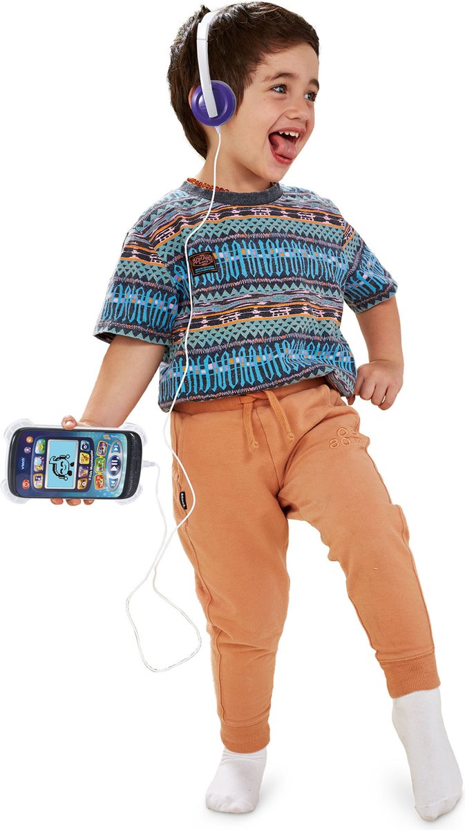Vtech V-kids Muziekspeler. Druk op de toetsen om naar verschillende stijlen muziek en 11 gezongen liedjes te luisteren én bekijk de vrolijke animaties op het verlichte scherm. Speel 3 muziek-spellen of kom tot rust tijdens de speelstand 'Relaxen'. van Vtech — afbeelding 3