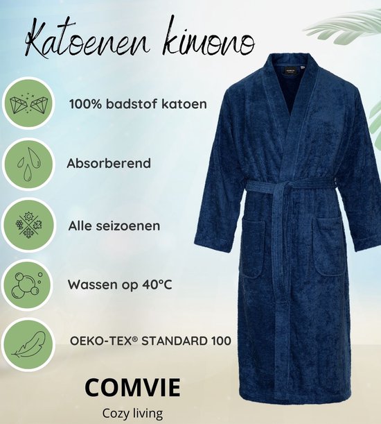 Peignoir kimono en coton bleu foncé de Comvie. 100% coton éponge, absorbant, toutes saisons, lavable à 40°C, OEKO-TEX.