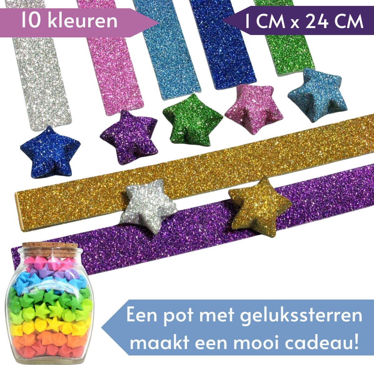 Glitter Papierstroken in 10 kleuren - 520 stuks - Origami Papier voor vouwen van gelukssterren - 1CMx24CM - Lucky Stars/Muizentrappetjes — afbeelding 4