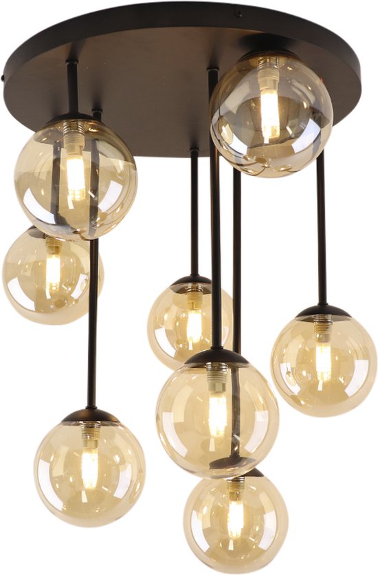 Olucia Stacy - Design Plafondlamp - 8L - Aluminium/Glas - Amber;Zwart - Rond - 50 cm