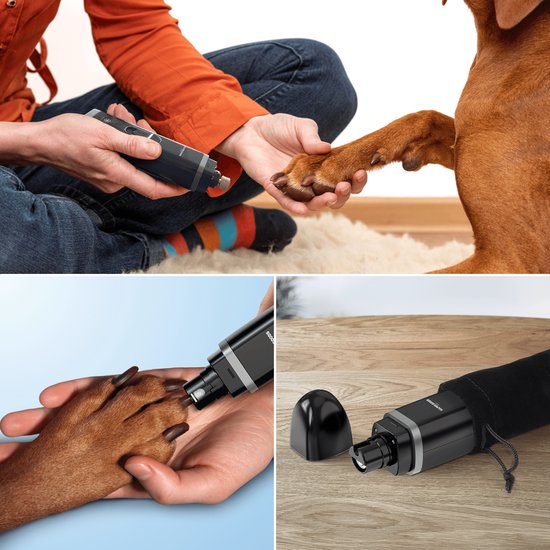 Kollage: Hondenvacht trimmen met zwarte nageltrimmer; close-ups van poot en trimmer; trimmer in etui.