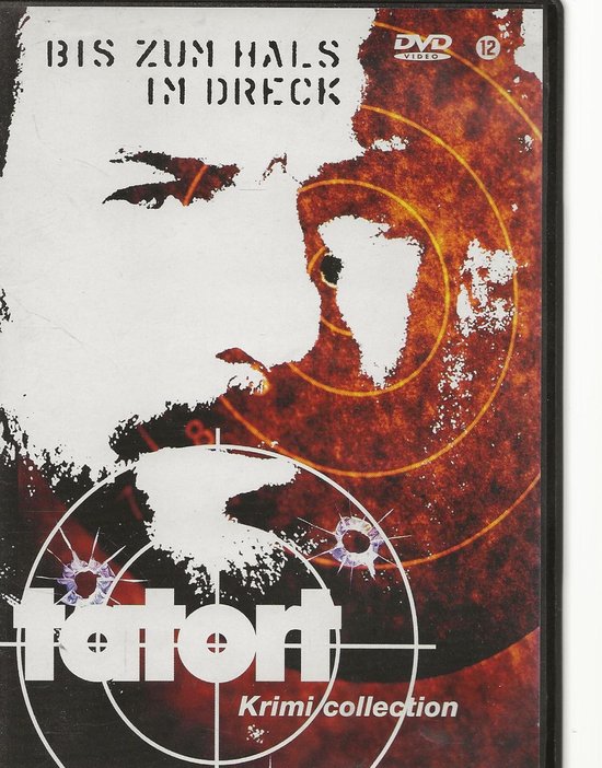 DVD-hoes met "Tatort: Bis zum Hals im Dreck" in grote letters, een silhouet van een gezicht en scherf-effecten.