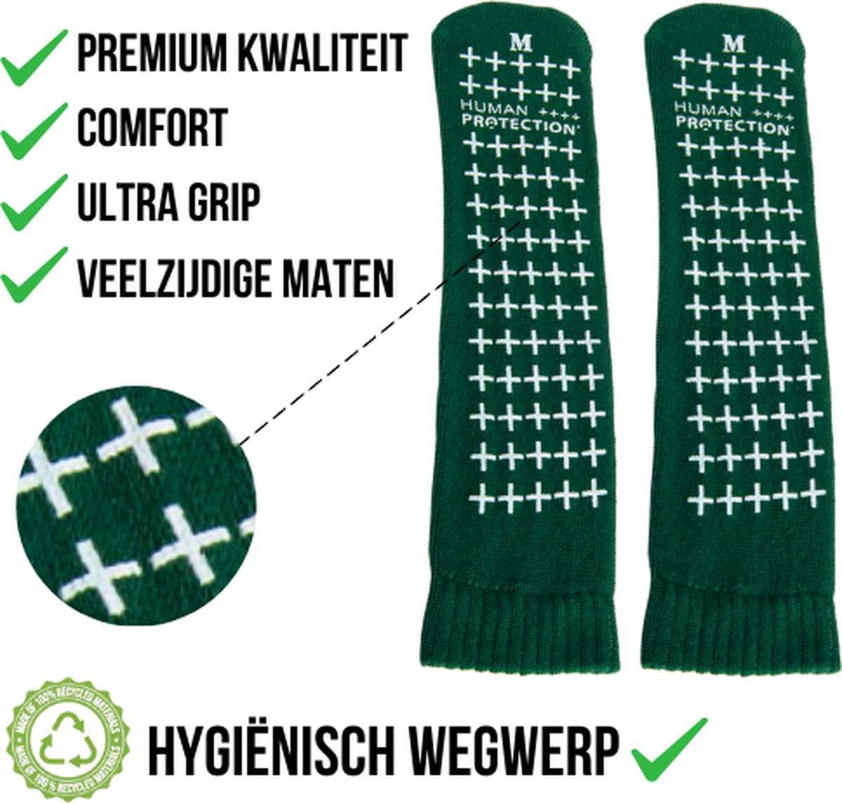 Human Protection Antislip Sokken - Valpreventie voor Ziekenhuis & Thuis - Disposable, Dubbele Grip - Groen/Geel - Maten S/M/L - Latexvrij, 80% Katoen 20% Polyester - Per Paar - Human Protection