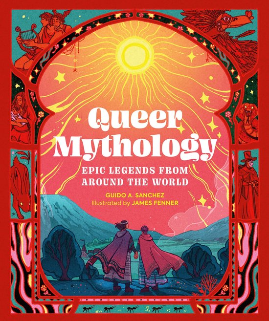 Boekomslag van 'Queer Mythology', met een zon en sterren, twee figuren met capes, en diverse mythologische afbeeldingen. Tekst: Queer Mythology. Epic Legends From Around The World.