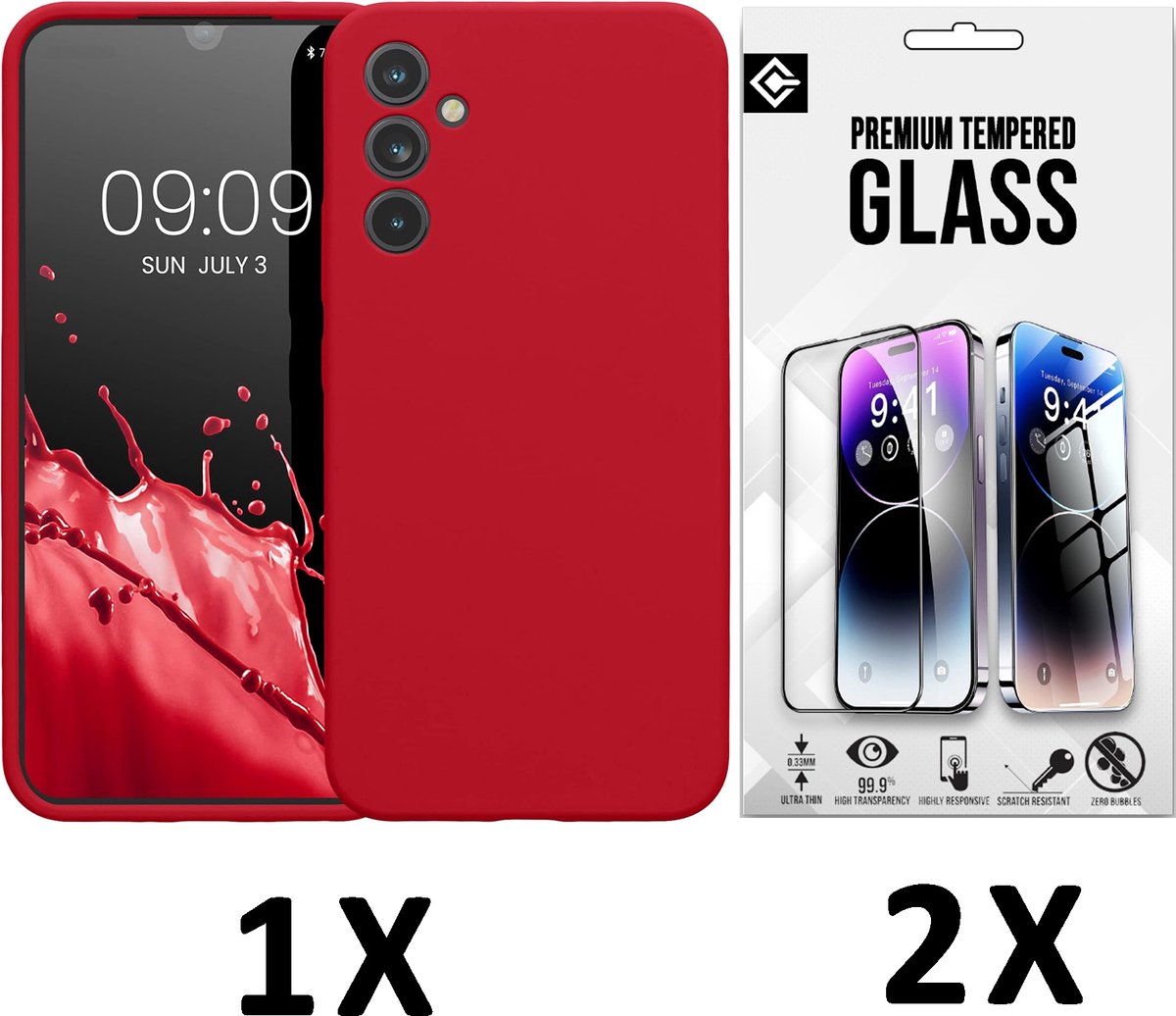 Casemania Hoesje Geschikt voor Samsung Galaxy A55 - Rood + 2X Glazen Screenprotector - Liquid Siliconen Back Cover