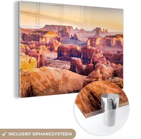 MuchoWow® Glasschilderij 30x20 cm - Schilderij acrylglas - Panorama van de Monument Valley in Amerika - Foto op glas - Schilderijen
