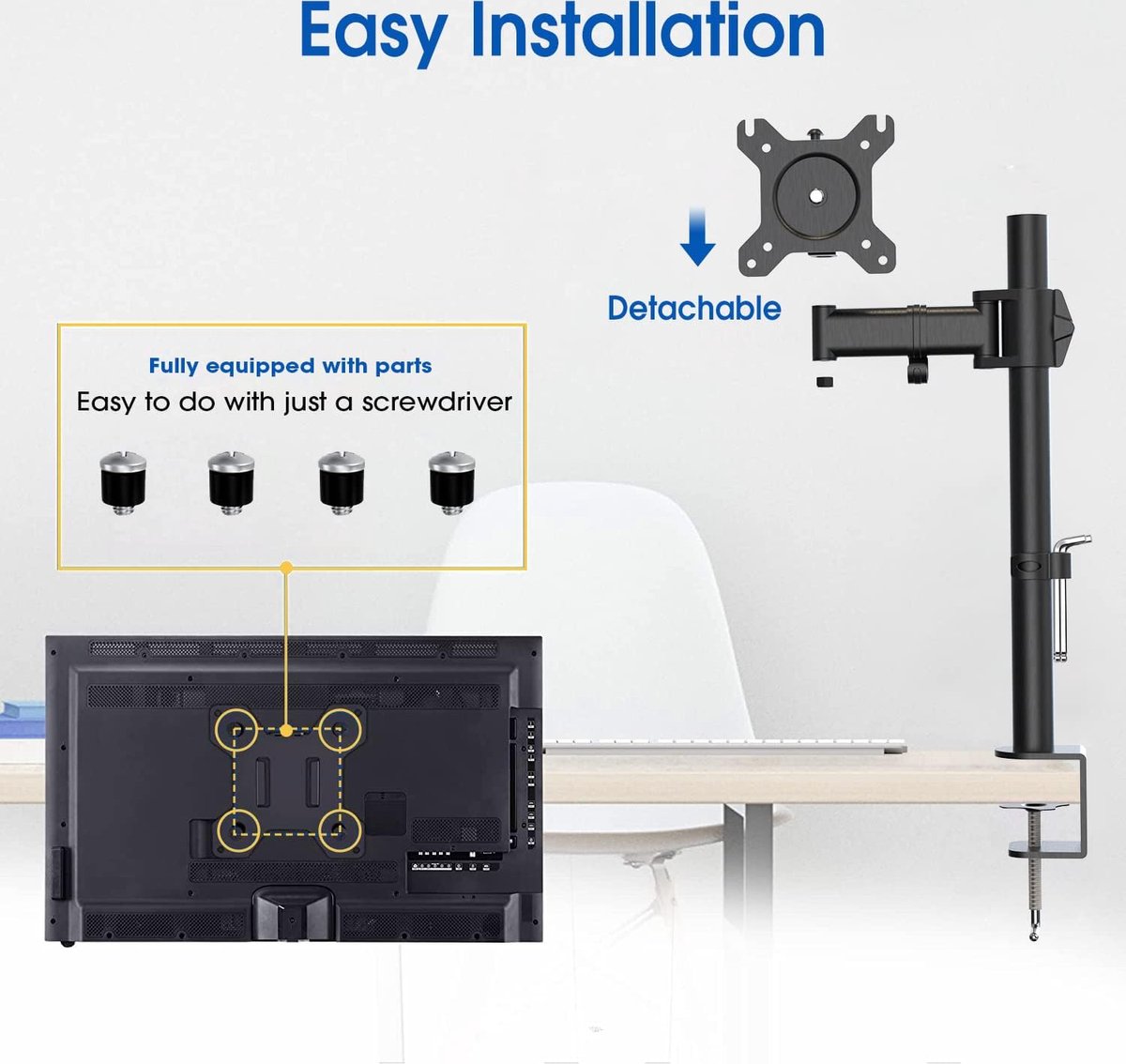 Monitor Muurbeugel voor 13-34 Inch Computerscherm tot 9kg, VESA 75/100 mm, Monitor Wandhouder met Gasveer, Hoogte Verstelbare, Draaibaar en Kantelbaar, Verstelbare Monitor Arm met Kabelbehee