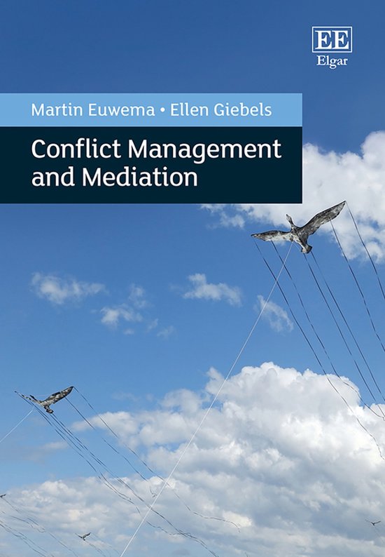 Livre 'Conflict Management and Mediation' avec un ciel bleu nuageux et deux cerfs-volants en forme d'oiseau.