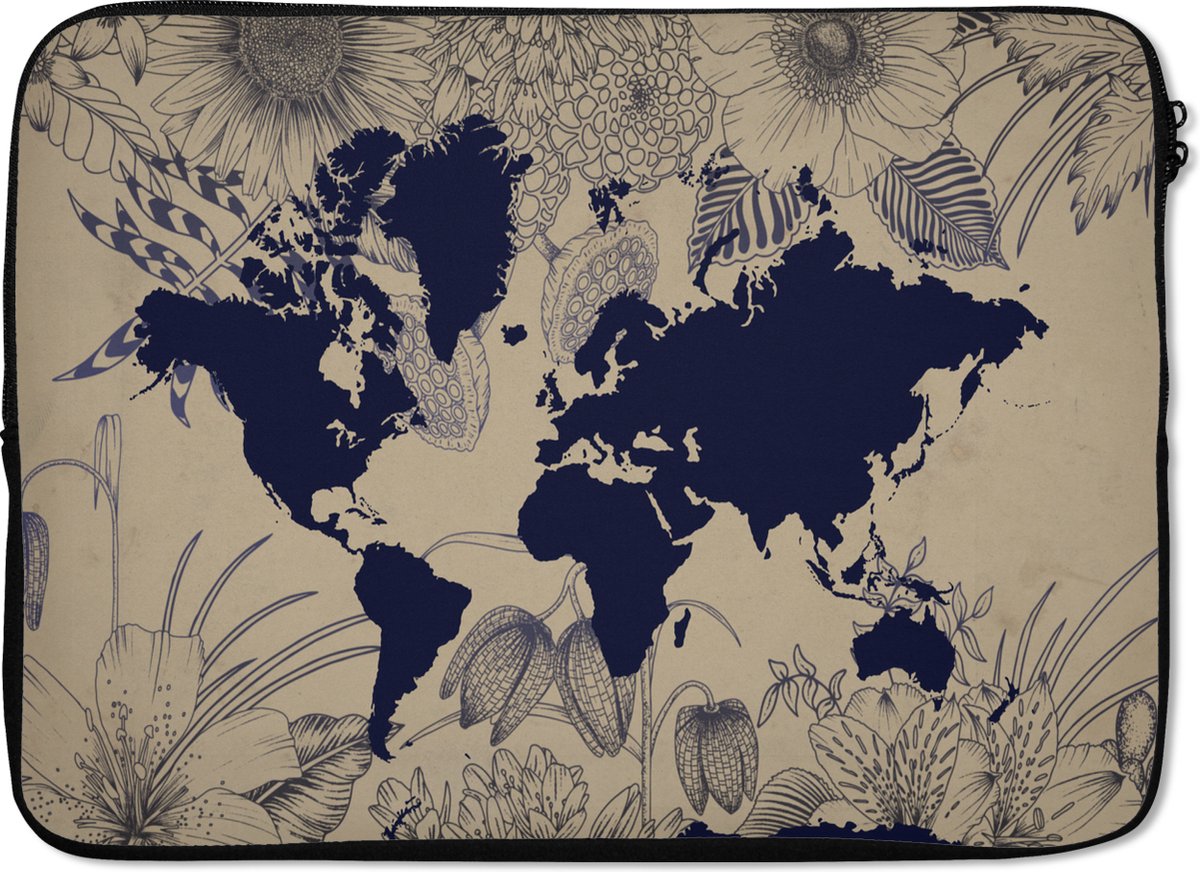 Laptophoes 13 inch - Wereldkaart - Bloemen - Blauw - Laptop sleeve - Binnenmaat 32x22,5 cm - Zwarte achterkant