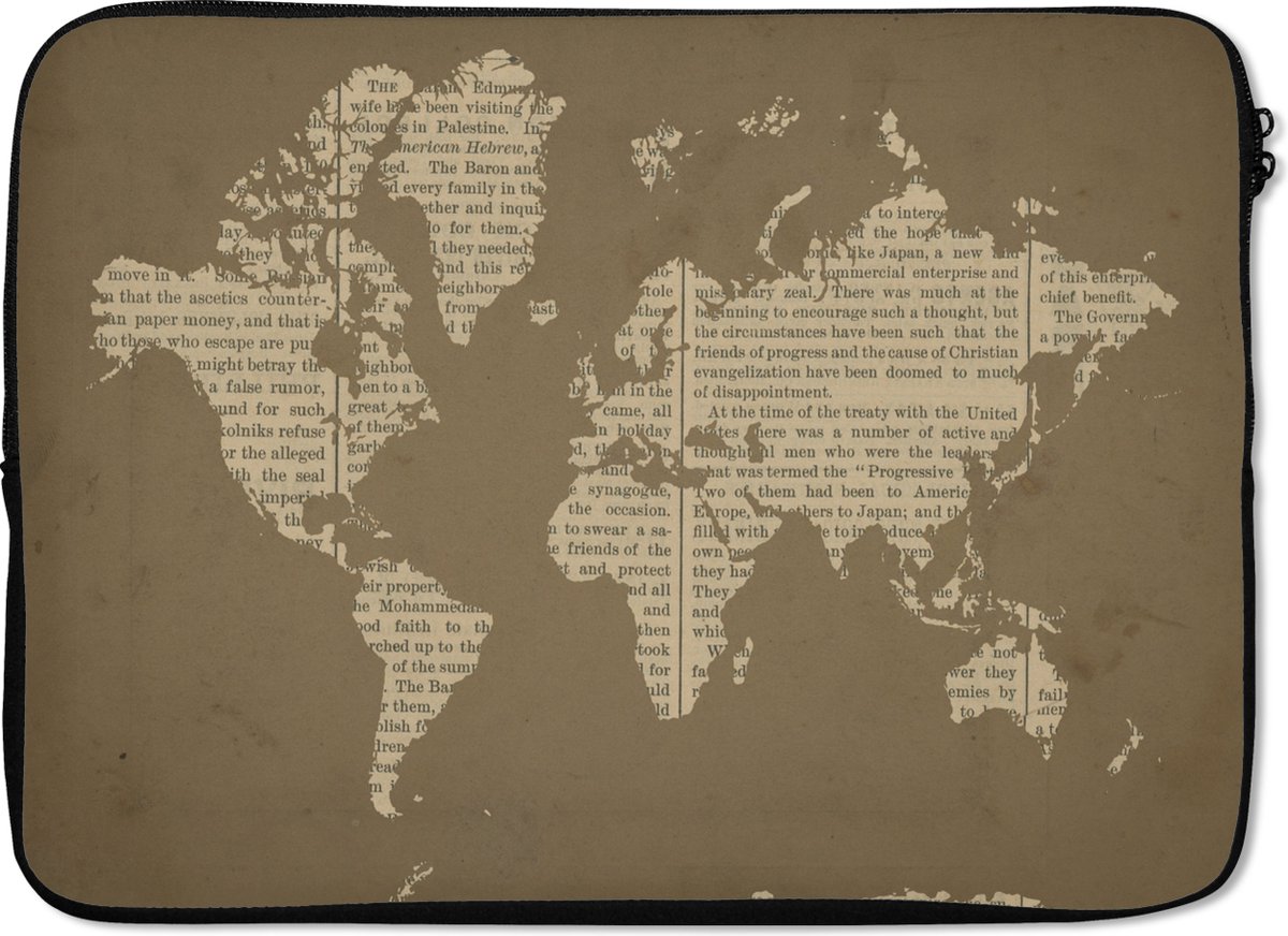 Laptophoes 13 inch - Wereldkaart - Boek - Bruin - Laptop sleeve - Binnenmaat 32x22,5 cm - Zwarte achterkant