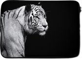 Laptophoes 14 inch - Studio shot witte tijger op zwarte achtergrond in zwart-wit - Laptop sleeve - Binnenmaat 34x23,5 cm - Zwarte achterkant