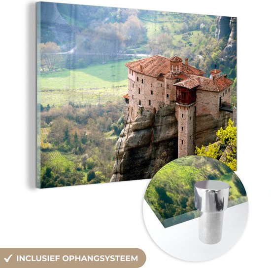 Glasschilderij - De Meteora kloosters en uitzicht op het dal - Acrylglas Schilderijen - Foto op Glas