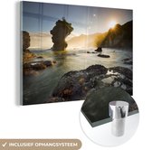 MuchoWow® Glasschilderij 180x120 cm - Schilderij acrylglas - Zonsopgang strand Nieuw-Zeeland - Foto op glas - Schilderijen