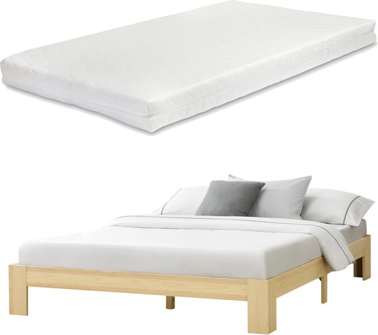 In And OutdoorMatch Houten Bed Lenora - Grenen - Met Matras - 140x200 cm - Houtkleurig - Made in the EU - Slijtvast